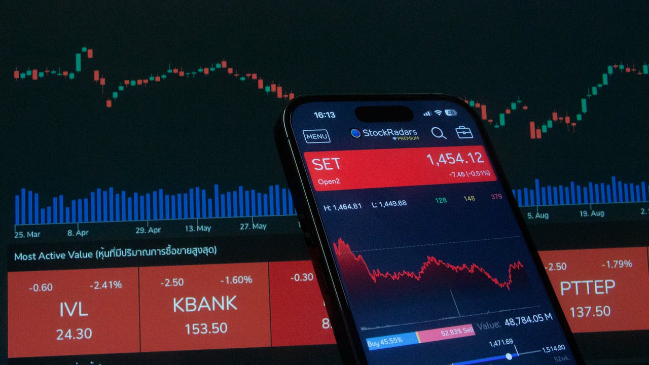 Mobile app showing stock market data with charts on screen.